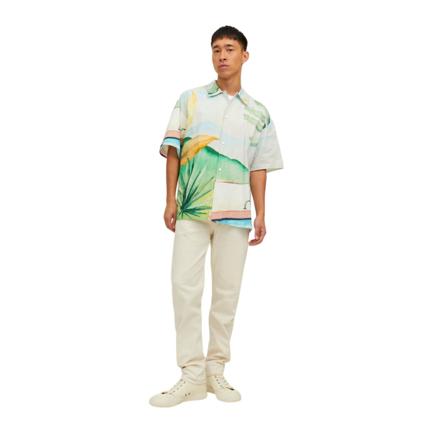 Camisas Jack And Jones Hombre Jorlandscape Shirt Ss Ln · Beige Verde · imagen 3