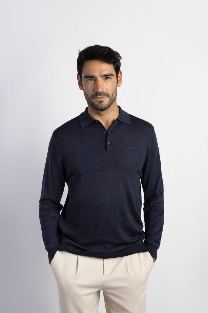 Jersey cuello polo merino The Boston Brand marino melange para hombre