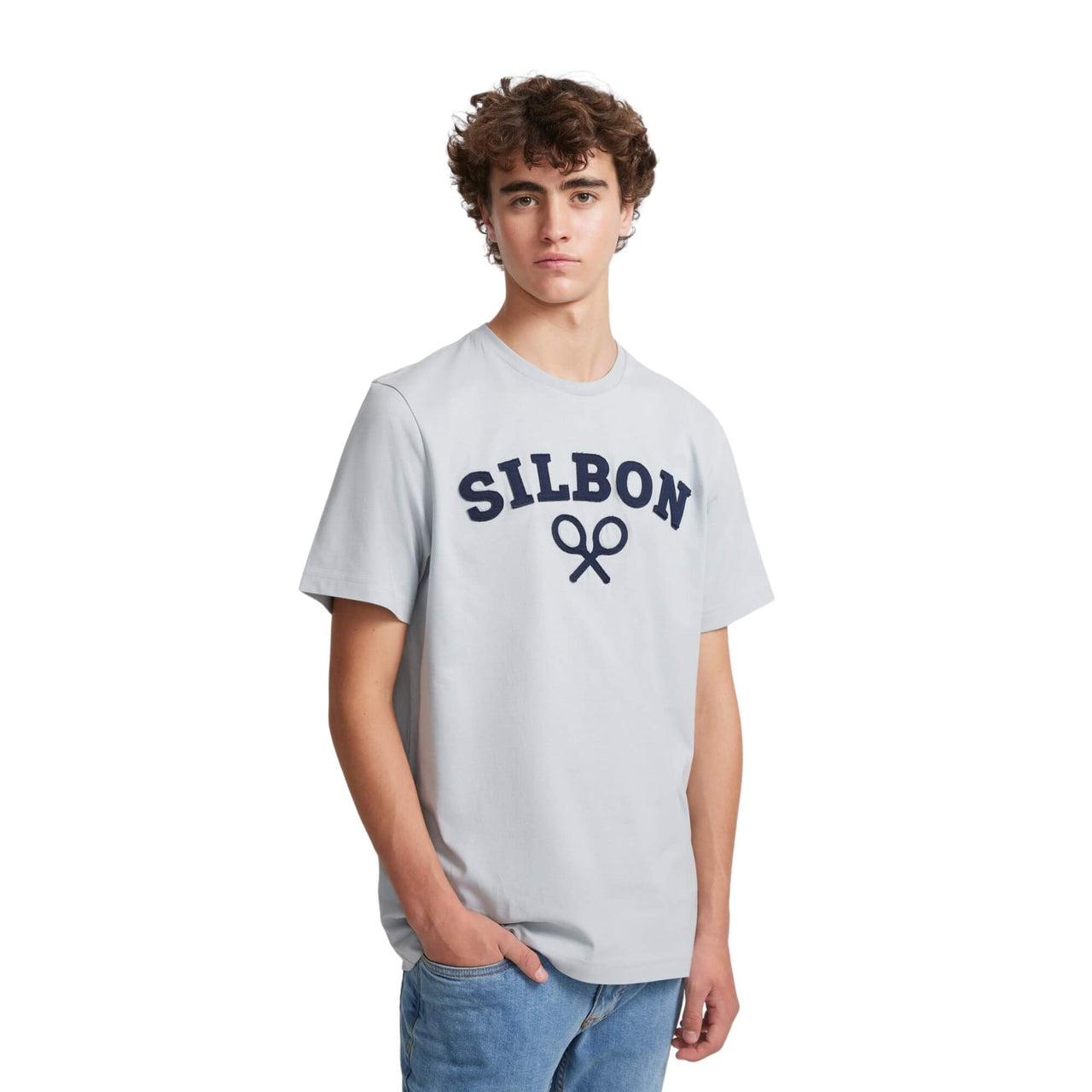 129925 Camisetas Silbon Hombre Logo Raqueta Media Celeste