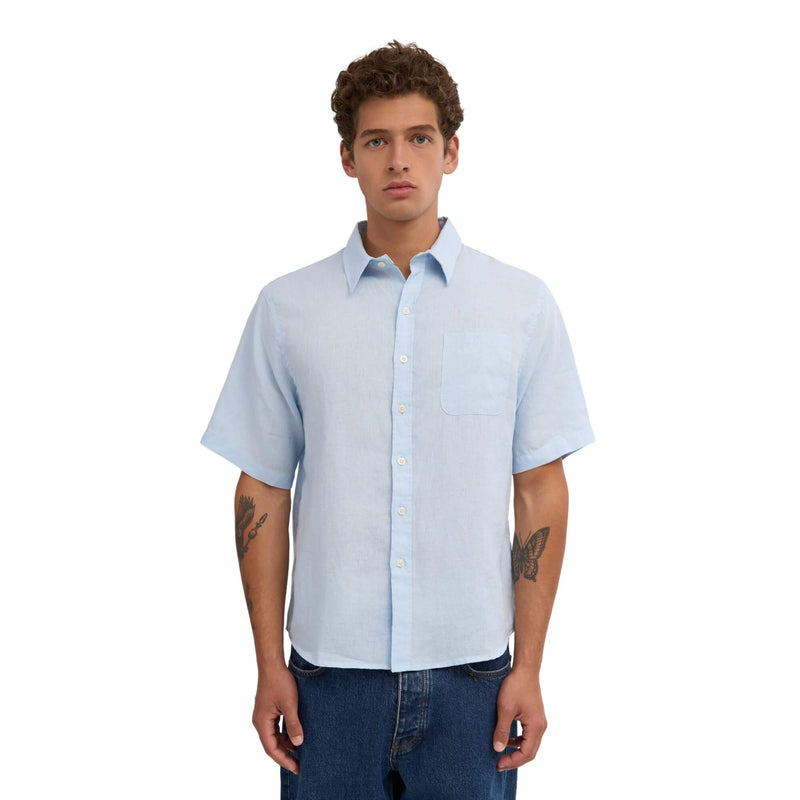 Camisa Colorful Standard Hombre Lino Manga Corta Azul