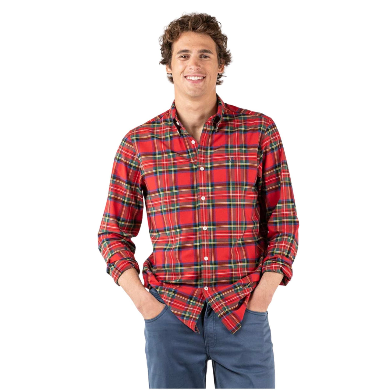 1050W220056 Camisas El Ganso Hombre Camisa Cuadros Tartan Rojo Perfil Amarillo