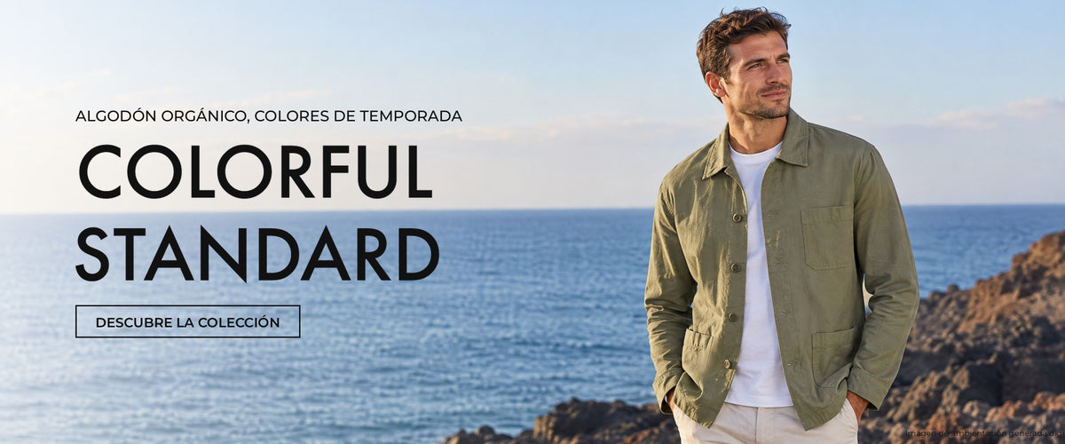 Chaqueta workwear verde oliva y jersey quarter zip azul de Colorful Standard